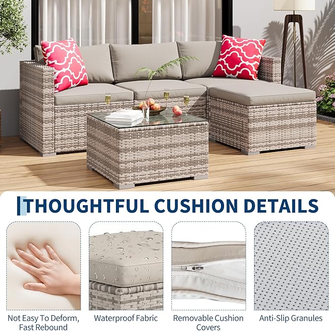 5-Piece Outdoor Sectional Sofa Set, All-Weather PE Rattan Patio Furniture with Ottoman & Tempered Glass Table, Convertible Garden Couch for Backyard, Porch, Poolside (Gray/Light Gray)