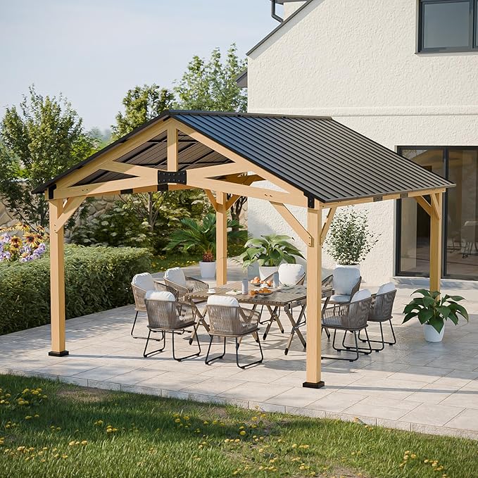EAGLE PEAK 13x15 Hardtop Gazebo, Exposed Beam Rustic Gazebo, Galvanized Steel Gable Roof with Cedar Wood Frame, Outdoor Pavilion for Patio, Deck, Lawn and Garden Natural Wood/Black