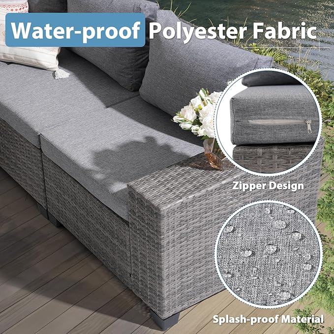 JOIVI 6 Pieces Outdoor Patio Furniture Set, Rattan Patio Conversation Set with Coffee Table, L-Shaped Wicker Outdoor Sectional Sofa Set with Wide Armrest and Cushions for Garden, Deck, Porch, Gray