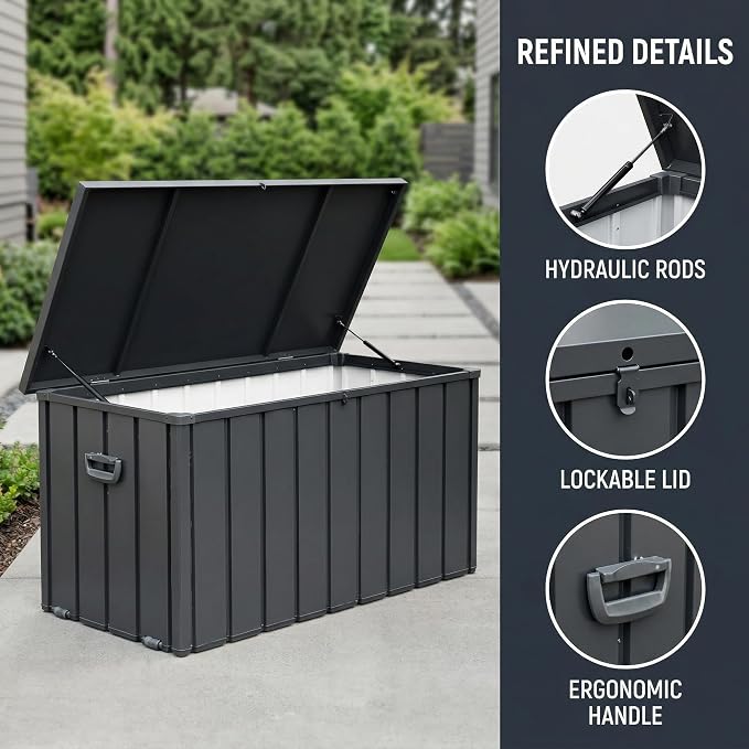 200 Gallon Outdoor Storage Deck Box with Lockable and Mobile Roller, Large Steel Container Bin with Waterproof and UV Resistant for Patio, Garden, Dark Gray