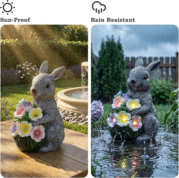 PETAFLOP Solar Garden Statues Outdoor Decor, Rabbit Figurines with Flowers for Patio Balcony Lawn Yard Decorations, Birthday Housewarming Gifts for Women Mom Grandma