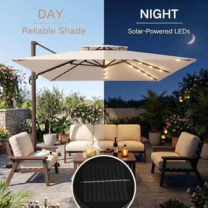 Kingdura Cantilever Patio Umbrella with Double Top Vent, Large Square Aluminum Outdoor Offset Umbrella with 360-degree Rotation, Infinite Tilt, UV Protection for Pool Deck Garden Patio
