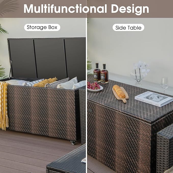 HAPPYGRILL Outdoor Rattan Deck Box, 96 Gallon PE Wicker Patio Storage Box with 4 Wheels and Liner, 2-in-1 Multifunctional Storage Box for Patio Furniture Cushions Garden Tools Pool Accessories