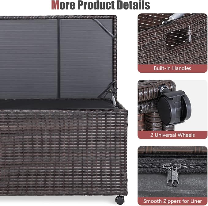 50 Gallon Deck Box, PE Wicker Storage Box with Lid, Water-resistant Liner & Universal Wheels, Outdoor Storage Container for Pillows, Cushions, Garden Tools (Mix Brown)