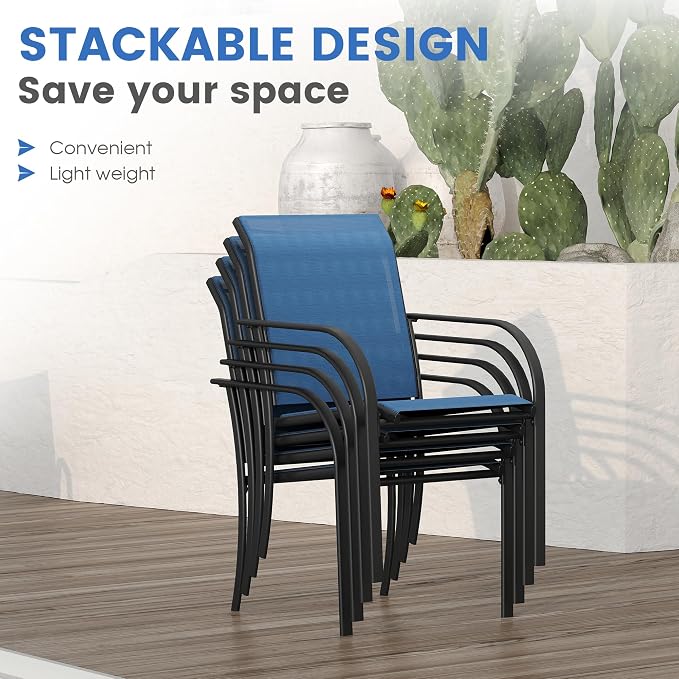 VICLLAX Patio Dining Set for 6, Outdoor Furniture Set Includes 63" Rectangle Patio Table and 6 Patio Stackable Chairs, Outdoor Table and Chairs for Outsides, Black Tabletop and Blue Fabric
