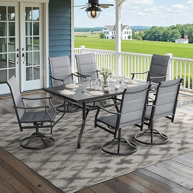 Soohow Patio Dining Set for 6, 7-Piece Outdoor Dining Table and Chairs Set, 6 x Swivel Outdoor Chairs with Paded Textilene and 60"x35" Patio Table with 1.57" Umbrella Hole for Poolside, Backyard