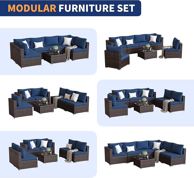 Patio Furniture Set, 7 Piece Outdoor Sectional with Waterproof Cover, All-Weather Wicker Patio Conversation Sets for Backyard (Brown with Navy Cushion)