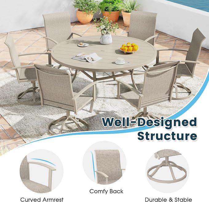 7 Pieces Outdoor Patio Dining Table Set, 50" All Weather Round Metal Table with Umbrella Hole and 6 High Back Textilene Swivel Chairs for Garden, Lawn, Poolside, Sandshell