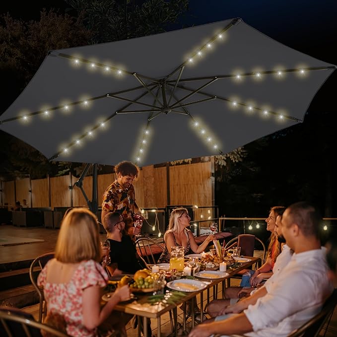 wikiwiki 10ft Solar LED Offset Hanging Market Cantilever Patio Umbrella for Backyard, Poolside, Lawn and Garden, Easy Tilt Adjustment, Polyester Shade & Cross Base, Carbon