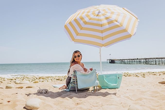 PICNIC TIME 5.5 Ft Portable Beach Umbrella, Lightweight UV Protection Sunshade with Tilt Pole & Carry Bag, Outdoor Canopy Umbrella for Beach, Sand, Pool, Patio, Camping, Travel, or Backyard Shade, (Yellow Cabana Stripe)