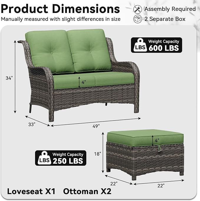 3-Piece Outdoor Couch Set, 1 Wicker Patio Loveseat with Thickened Olefin Cushions, High Back and Deep Seating, Hand-Woven PE Rattan and 2 Ottomans, Patio Conversation Set for Porch, Deck