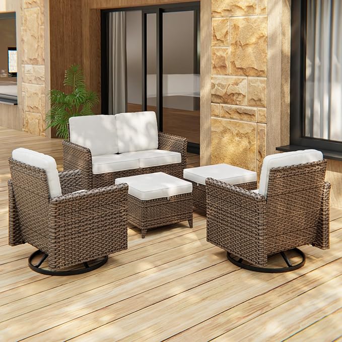 COOS BAY Harbor Retreat 5 Piece Outdoor Furniture Set, Patio Conversation Set with Swivel Rocking Chairs, 2 Seat Loveseat and Ottomans, Wicker Furniture, Brown/Beige
