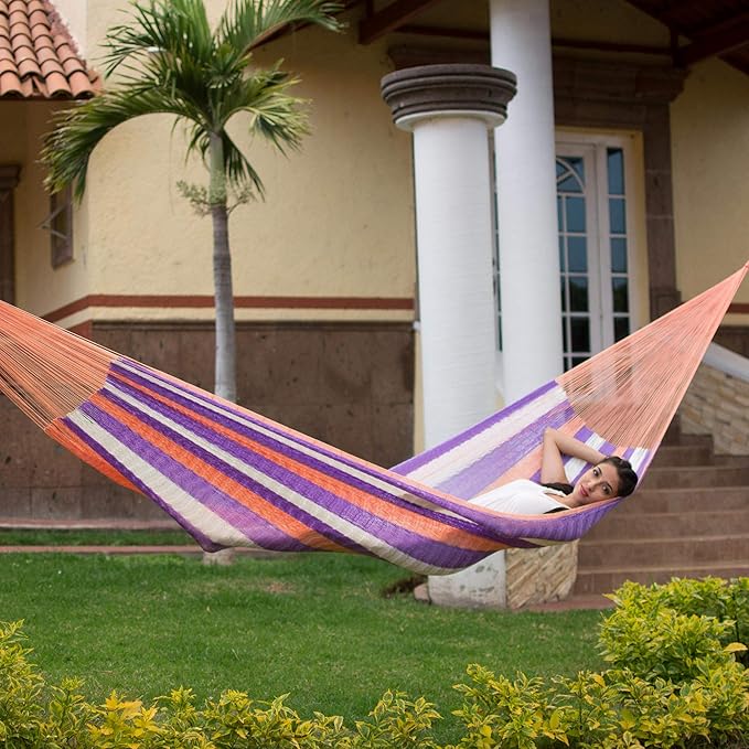 NOVICA Purple Orange White Striped Hand Woven Nylon Mayan 1 Person Rope Hammock with Hanging Accessories, 'Melon Stripe' (Single)