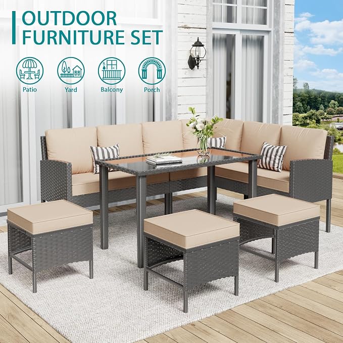 7-Piece Patio Furniture Set with Cushions and Pillows, Outdoor Wicker Sectional Sofa with Long Glass Coffee Table, All-Weather Conversation Set for Garden, Porch, Lawn, Khaki