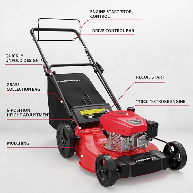 PowerSmart 21" Self-Propelled Gas Lawn Mower | 170cc OHV Engine | Rear-Wheel Drive for Slopes | 3-in-1 Bag, Mulch & Discharge | 6 Cutting Heights | Durable Steel Deck| Rear-Wheel Drive | Medium Yard