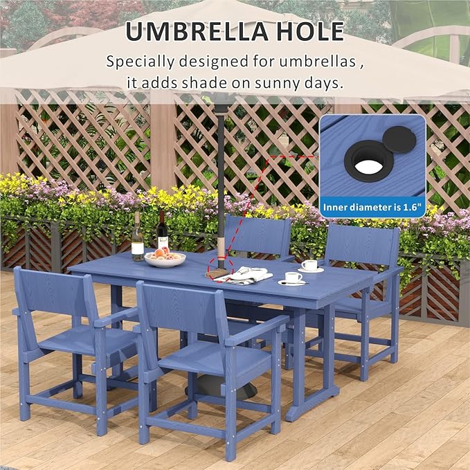 5-Piece HDPE Outdoor Patio Dining Set,Outdoor Table and Chairs,Modern Plastic Dining Sets with Umbrella Hole Cut-Out Table and 4 Chairs Navy