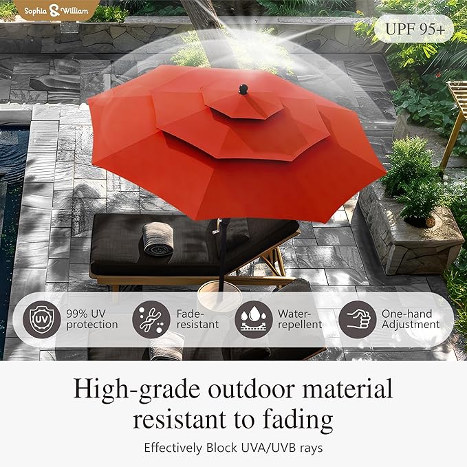 Sophia & William 10ft 3 Tier Auto-tilt Patio Umbrella,Wind Resistent,Outdoor Patio Umbrellas Double Vented Umbrella with Crank for Pool Garden Backyard, Red