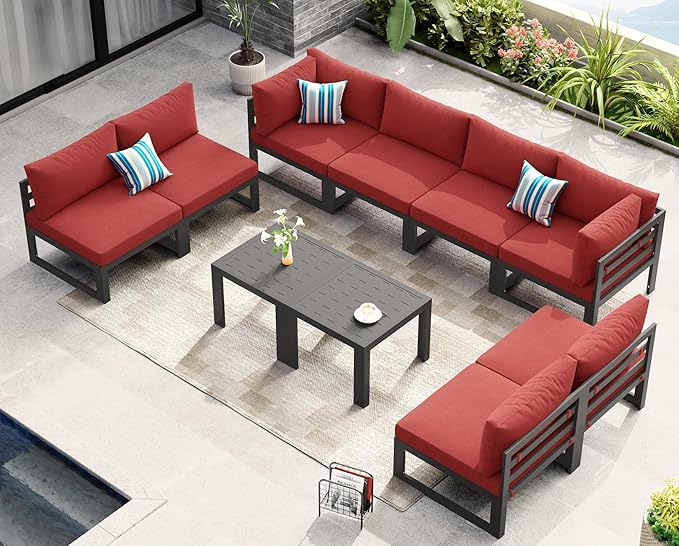 NICESOUL 8 Person Modern Aluminum Patio Furniture Set, 500 lbs Heavy Duty Sturdy Outdoor Sectional Sofa, 29" Deep Wide Large Seating, L Shaped Modular Conversation Couch for Garden Backyard, Burgundy