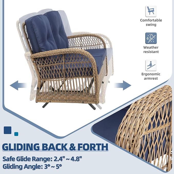 7-Piece Wicker Patio Furniture Sets Outdoor All-Weather Rattan Conversation Set Includes Glider Loveseat, 2 Glass-Top Coffee Tables, 2 Swivel-Rocker Chairs for Porch Backyard, Navy Blue