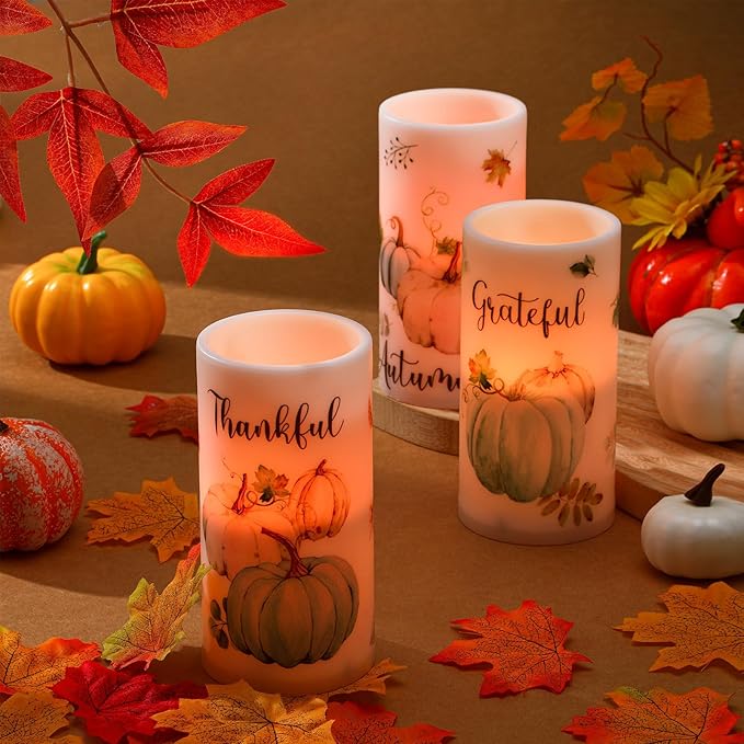 Retisee 3 Pcs Farmhouse Thanksgiving Flameless LED Candles Thanksgiving Battery Operated Candles with Remote Control Thankful Grateful Pumpkin Decor for Table Centerpiece Bedroom Autumn Harvest Decor