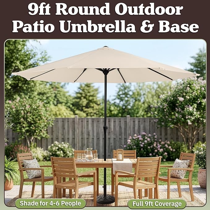 9FT Round Patio Umbrella with 19lb Weighted Base - Easy Crank, Vented Canopy Outdoor Umbrella for Shade - For Deck, Balcony, Porch, Backyard, or Pool by Pure Garden (Champagne)