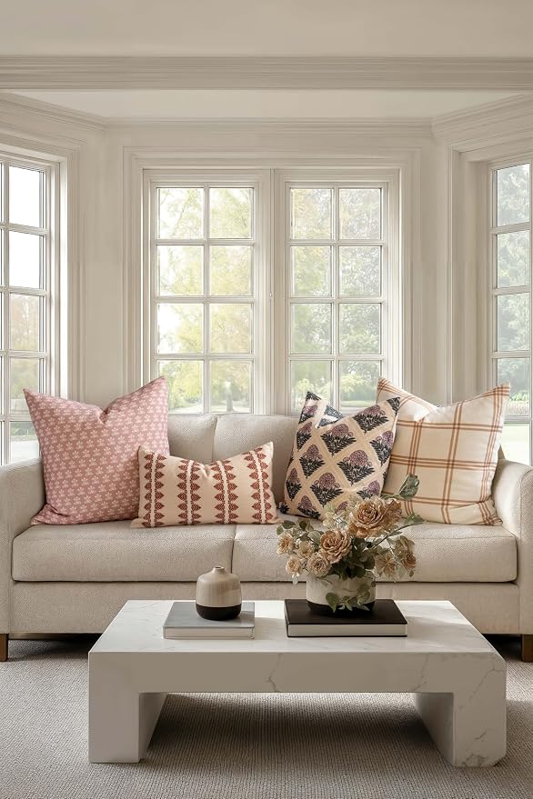 Crumbs Home Modern Farmhouse California Casual Indoor Outdoor Throw Pillow Cover, 20"x20" Water Repellent for Patio, Backyard, Couch, Earth Tone Dark Rose Tan Block Print Vintage Hydrangea Flowers