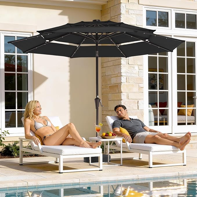 JEAREY 3 Tiers Patio Umbrella with Solar Lights 9ft Outdoor Market Table Umbrellas with Push Button Tilt for Outside Pool Garden, Black