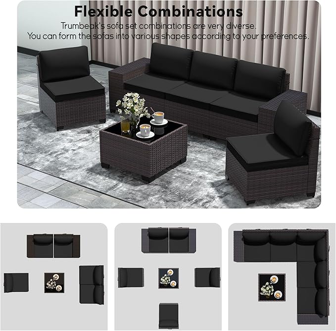 Patio Furniture Set 6 Pieces Outdoor Sectional Sofa Set,PE Rattan Wicker Patio Conversation Set with Thickened Cushions and Glass Coffee Table,Black