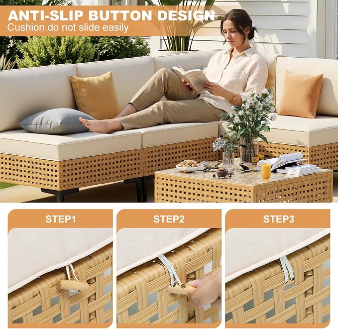 ABCASA Patio Sectional Furniture Set, 5-Piece Wicker Outdoor Patio Furniture Sets with Anti-Slip Cushions & Coffee Table,Boho Patio Conversation Set Sectional Sofa for Backyard,Porch,Garden,Beige