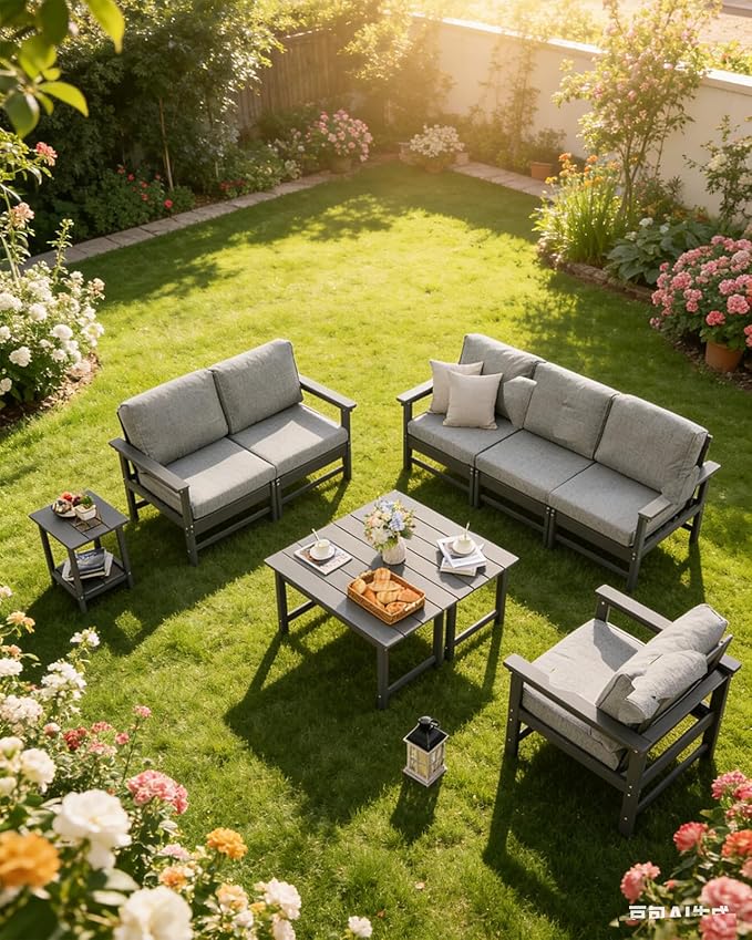HDPE Outdoor Patio Furniture Set with Cushions, 9 Piece Patio Conversation Set Sofa Set,All Weather Outdoor Couch Set with Coffee Table for Lawn, Garden, Deck