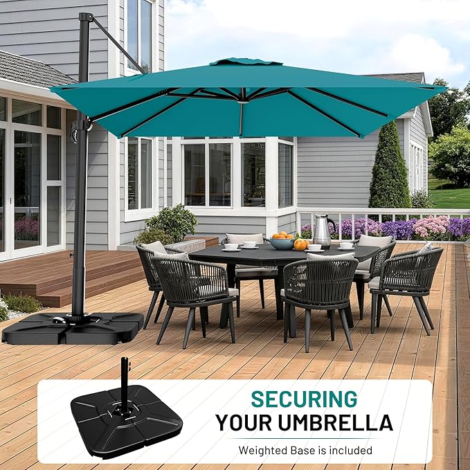 AreShark 9 × 9FT Square Cantilever Patio Umbrella with Base Included, 360° Rotation Offset Outdoor Umbrella, 5 Tilt Settings Heavy Duty Hanging Parasol for Deck Garden Pool, Lake Blue