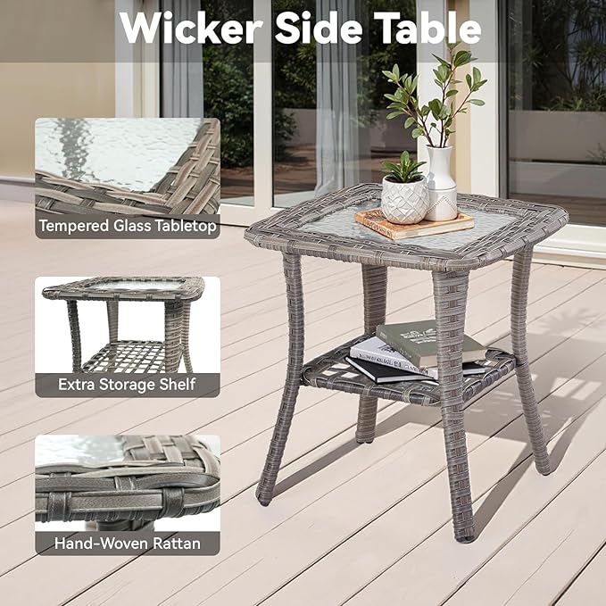 3 Pieces Patio Furniture Sets-Outdoor PE Rattan Wicker Chairs with Thickened Cushion and Glass Coffee Table,All Weather Patio Conversation Set for Garden Backyard Porch Deck Grey/Blue