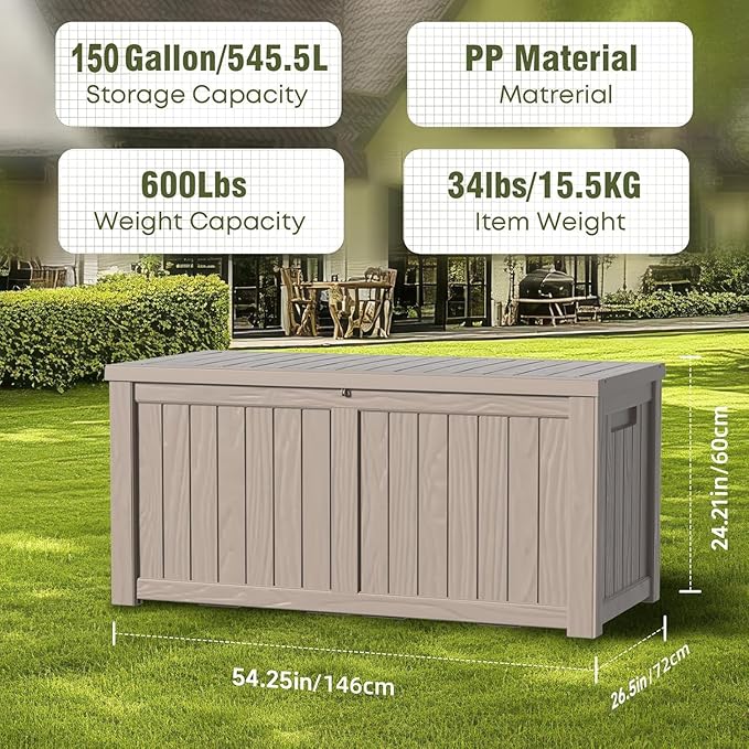 PatioZen 150 Gallon Deck Box,Resin Outdoor Storage Box with Lockable for Patio Furniture, Pool Accessories, Garden Tools Waterproof Outside Storage Box (Grey)