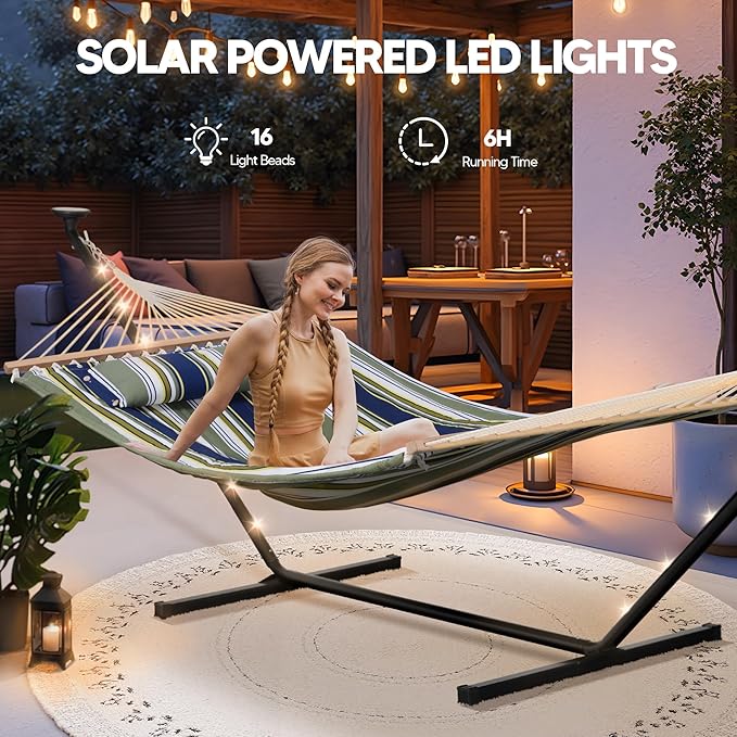 SUNCREAT Double Hammock with 12 ft Stand, Solar Powered Lights, Outdoor Standing 2 Person Hammock, Dark Green