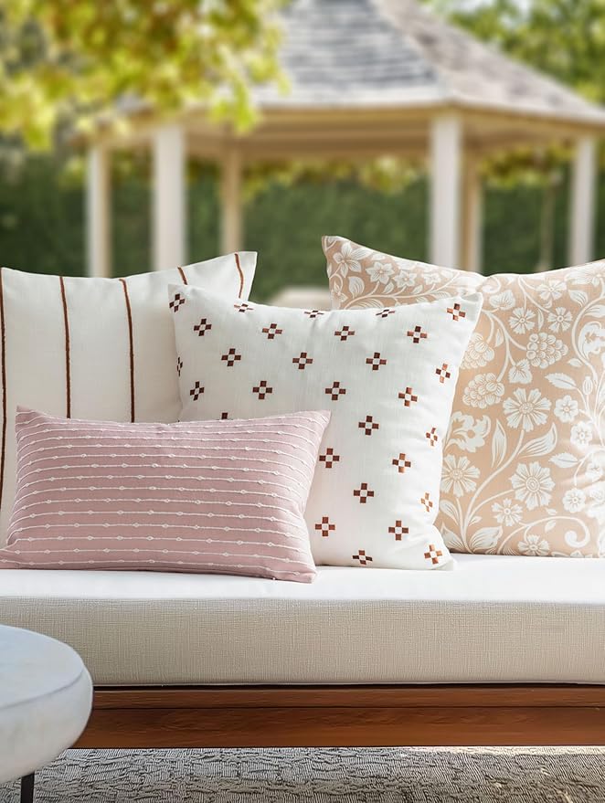 Crumbs Home Modern Farmhouse Fall Linen Indoor Outdoor Throw Pillow Cover Only, 22"x22" Water Repellent for Patio, Backyard, Couch, Ivory Cream Neutral Floral
