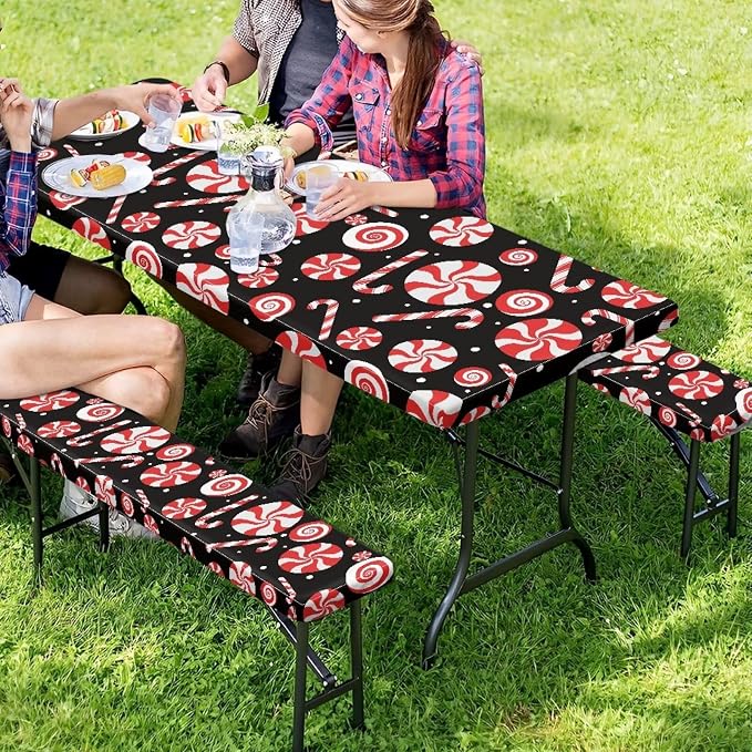 Christmas Candy Cane Picnic Table Cover with Bench Covers Camping Essentials Outdoor Table and Chairs Decorative Sets Flexible Picnic Table 3 Piece Set Suitable for BBQ Picnic Party Camping