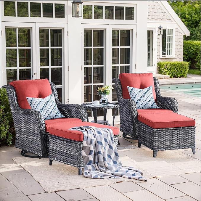 Outdoor Patio Furniture Set-5 Piece Outdoor Swivel Rocker Chairs with Ottomans Patio Furniture Set for Deck Balcony Poolside Backyard-Grey/Red