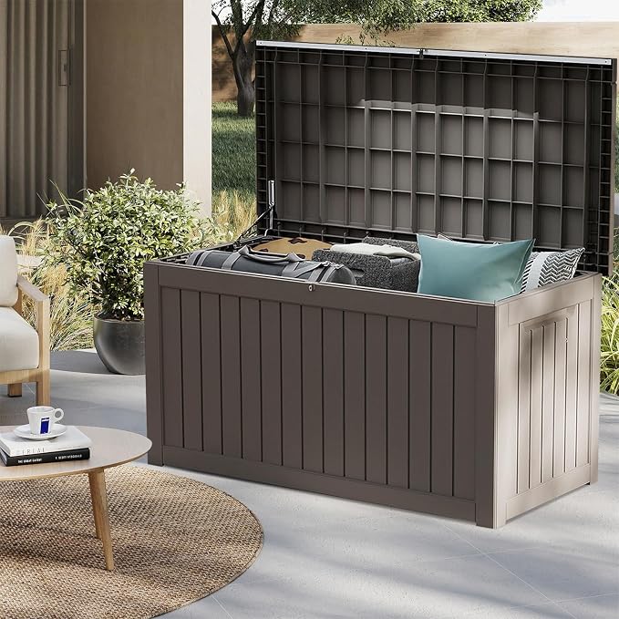 230 Gallon Waterproof Resin Outdoor Storage Box, Lockable & UV Resistant | Patio Deck Boxes, Outside Storage for Patio Cushions, Pool Toys, Garden Tools & Package Delivery, Brown