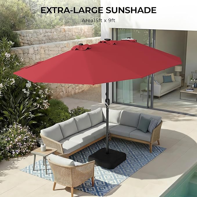 HOMSHADE Double Sided Patio Umbrellas with Base - 15ft RGB Multi-Color Flowing LED Lights Outdoor Extra Large Market Table Umbrella w/Stand, Oversized Umbrella for Deck, Pool, Backyard,Red