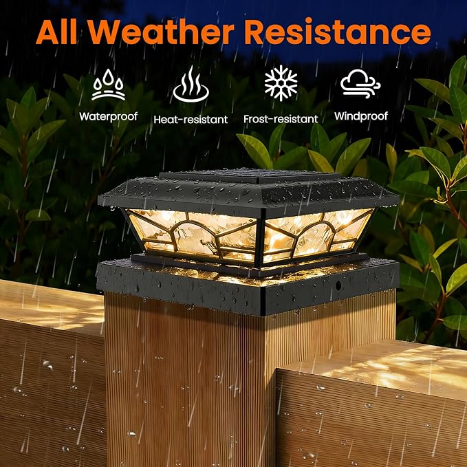 4x4 3.5x3.5 Solar Post Cap Lights 8-Pack Black | 2 Modes (Warm/Cool White), 16LEDs, for Wooden/Vinyl Posts, IP65 Waterproof, Outdoor, for Fence, Deck, Patio, Yard, Porch