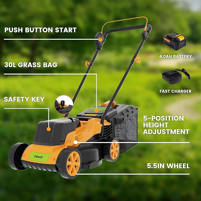 20V Cordless Lawn Mower, 13" Electric Push Mower with 2 x 4.0Ah Batteries & Charger, 5-Position Height Adjustment, Lightweight Battery Powered Lawn Mower with Grass Collection Bag for Yard