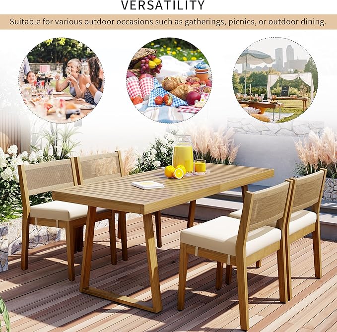 Harper & Bright Designs Multi-Person Outdoor Acacia Wood Dining Table and Chair Set, Thick Cushions, Suitable for Balcony, Vourtyard, and Garden.