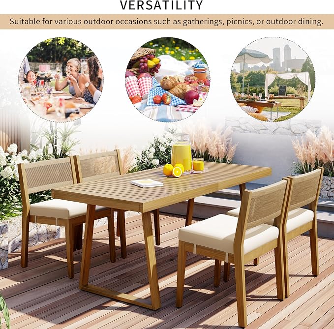 VilroCaz 5 Pieces Patio Dining Set, Acacia Wood Dining Table and Chair Set, All-Weather Outdoor Conversation Set Gathering Set with Thick Cushions for Garden Backyard Balcony (Beige+Acacia5)