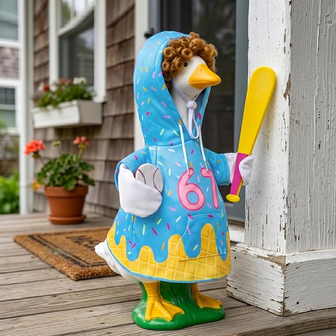 Summer 67 Baseball Porch Goose Outfits, Ice Cream Hoodie Wigs for 23 inch Goose, Geese Statue Clothes Costume 4 Pcs Accessories, Birthday Party Garden Outdoor Yard Lawn Patio Decor