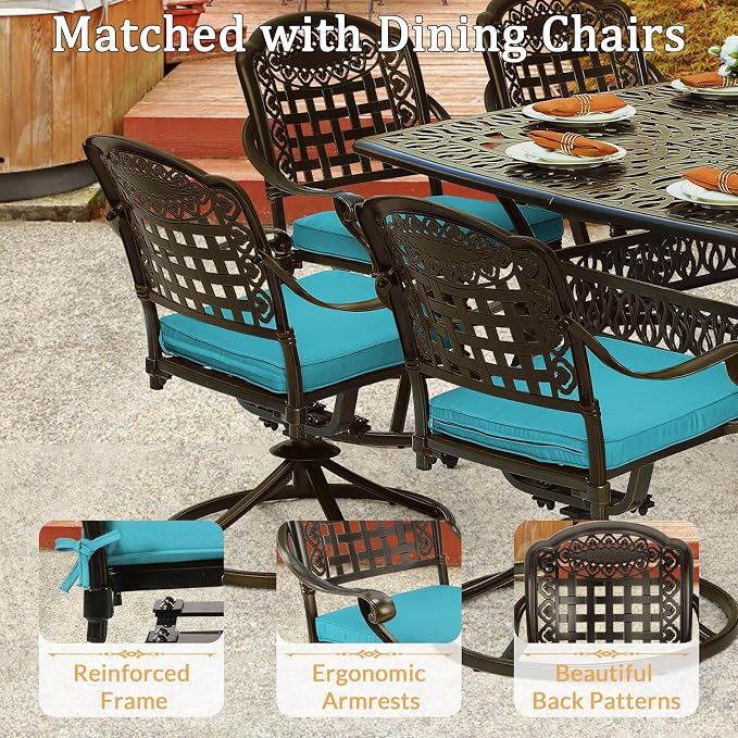 9 Piece Outdoor Patio Dining Set for 8, Cast Aluminium Large Square Dining Table & 2 Swivel Rocker Chairs, 6 Stationary, 8 Cushions, Umbrella Hole, Patio Furniture Set for Garden, Ocean Blue
