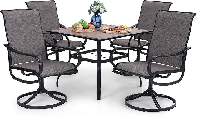 PHI VILLA Outdoor Patio Dining Set for 4, 5 PCS Patio Table & Chair Set Clearance with 4 Swivel Dining Chairs & 1 Square Patio Table(1.57" Hole), Patio Dining Furniture for Lawn Garden, Black Coated