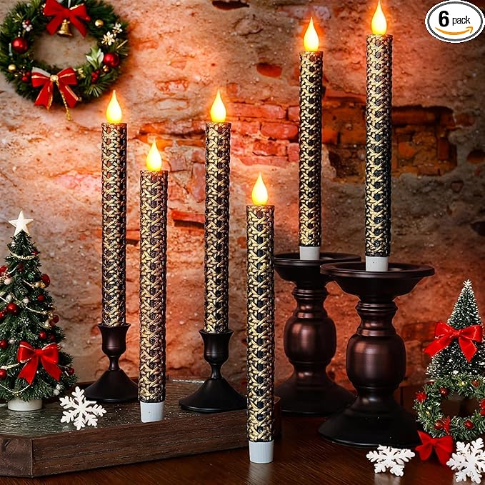 6 Pcs Black and Gold Flameless Taper Candles - 9.65 Inch Battery Operated LED Candlesticks with Flickering Flame for Elegant Table, Wedding & Home Decor