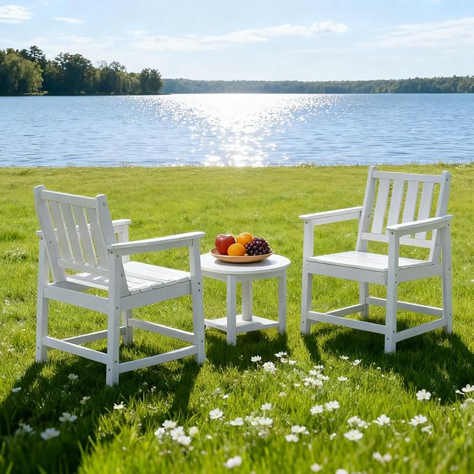 Outdoor Patio Chairs Set of 2, All-Weather Outdoor Patio Dining Chair with Backrest and Armrest, 300 lbs Support HDPE Furniture Garden Chairs for Backyard, Deck, White