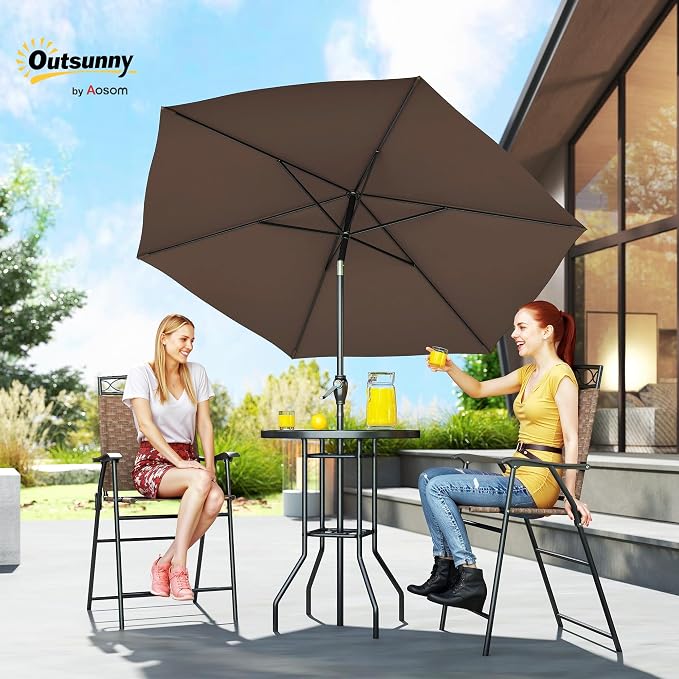 Outsunny 4 Piece Outdoor Bar Set with Umbrella, Patio Dining Set with 2 Folding Chairs, Wave Textured Tempered Glass Table for Backyard, Garden, Deck, Poolside, Brown