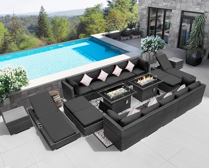 NICESOUL 20 Piece Extra Large Patio Furniture Set w/Fire Pit Table & Chaise Lounge, Modern Luxury Outdoor Group Seating w/Firepit, Comfortable 29.3" High-Back Sectional Couch Deep Seat, Dark Gray
